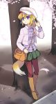  apricot bag blonde_hair blue_eyes boots cabbie_hat cherry_blossoms fox_ears fox_tail handbag hat jacket knee_boots original pantyhose plaid_shirt red_legwear short_hair tail yamai 