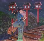  bush eihi fan hair_ribbon japanese_clothes kimono lantern long_hair original paper_fan red_eyes ribbon solo stairs uchiwa wind 