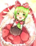  bow carry_me dress foreshortening frilled_dress frills frilly_dress from_above front_ponytail green_eyes green_hair hair_bow hair_ribbon hands highres kagiyama_hina long_hair looking_up open_mouth outstretched_arms outstretched_hand ribbon smile solo touhou wrist_cuffs 