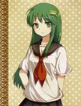  frog green_eyes green_hair hair_ornament hand_on_hip kochiya_sanae kohaku. long_hair school_uniform serafuku smile solo touhou 