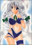  bikini braid bunny_ears frills izayoi_sakuya leg_garter long_hair marker_(medium) pastel_(medium) rabbit_ears silver_hair swimsuit touhou traditional_media twin_braids yadokari_genpachirou 