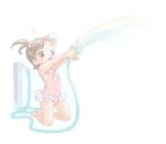  armpits brown_eyes brown_hair casual_one-piece_swimsuit child flat_chest hose kneeling one-piece_swimsuit original rainbow short_hair side_ponytail solo suzu_kasutera swimsuit water 