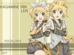  bad_id blonde_hair brother_and_sister detached_sleeves green_eyes headphones headset heart heart_hands heart_hands_duo kagamine_len kagamine_rin sailor sailor_uniform short_hair siblings twins vocaloid 