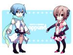  blue_eyes blue_hair boots brown_eyes brown_hair detached_sleeves elbow_gloves fingerless_gloves gloves hatsune_miku_(append)_(cosplay) kaito kaito_(append) meiko meiko_(append) miku_append muro_(ninimohu) navel scarf short_hair skirt thighhighs vocaloid vocaloid_append 