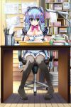  blue_hair blush book breasts chair cleavage desk feet garter_belt garter_straps green_eyes hair_ornament large_breasts legs open_mouth ore_wa_shoujo_mangaka solo thigh-highs thighhighs 