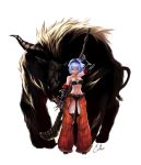  blue_hair cait elbow_gloves fur gloves hairband horns jewelry kirin kirin_(armor) midriff monster monster_hunter navel necklace rajang ready_to_draw red_eyes short_hair signature simple_background standing tail weapon 