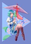  blue_eyes blue_hair boots heterochromia highres karakasa karakasa_obake oriental_umbrella red_eyes remontea short_hair solo tatara_kogasa tongue touhou umbrella 