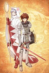  armor brown_hair cat_hood code_geass final_fantasy final_fantasy_xi gloves green_eyes hazuki_gean hood kururugi_suzaku lloyd_asplund multiple_boys paladin shield silver_hair staff sword weapon white_mage 