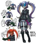  blue_hair boots breast_grab breasts claws crab jeans monster_girl multicolored_hair sweatshirt twintails yuusuke 
