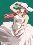  breasts brown_eyes cleavage dress hat long_hair original red_hair redhead saru_ass simple_background smile solo 