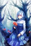  bare_tree blue braid branch colored_eyelashes cross dhiea dress expressionless eyelashes flower holding original petals red_eyes rose rose_petals signature silver_hair sitting solo tree 