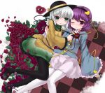  eyes green_eyes hairband hat heart komeiji_koishi komeiji_satori kt2 multiple_girls pantyhose purple_eyes purple_hair short_hair siblings silver_hair sisters touhou violet_eyes white_legwear 