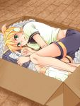  aqua_eyes barefoot blonde_hair blush box boy_in_a_box cardboard_box fetal_position hands headphones headset in_box in_container kagamine_len male neco666 shorts solo sweatdrop vocaloid 
