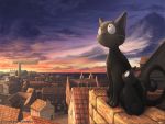  black_cat blimp cat cat_focus character_request city fur jiji_(character) majo_no_takkyuubin no_humans ocean rooftop studio_ghibli sunset yukiman zeppelin 