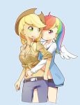  2girls alternate_hairstyle applejack blue_background highres hug hug_from_behind long_hair multiple_girls my_little_pony my_little_pony_friendship_is_magic personification ponytail rainbow_dash simple_background sunyukun 