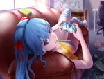  1girl blue_eyes blue_hair couch curtains figure hair_ribbon hatsune_miku headphones highres lips looking_at_viewer looking_back lying megurine_luka mouth_hold no_pants on_back panties playing_games playstation_vita pocky ribbon solo striped striped_legwear striped_panties takoluka thigh-highs underwear vocaloid wei_ji window 