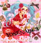  aqua_hair bespectacled buttons corded_phone dress e_(pixiv299299) flower glasses hair_flower hair_ornament hairclip hatsune_miku lace long_hair phone porcupine red_eyes ribbon solo stamp twintails vocaloid wakanagi_eku wrist_cuffs 