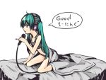  bad_id bed crop_top flat_chest green_eyes green_hair hatsune_miku headphones long_hair microphone midriff translated translation_request vocaloid 