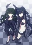  bikini_top black_dress black_hair black_rock_shooter black_rock_shooter_(character) blue_eyes boots curly_hair dead_master dress from_above garuku green_eyes long_hair midriff multiple_girls shorts smile twintails very_long_hair 