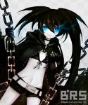  belt bikini_top black_hair black_rock_shooter black_rock_shooter_(character) blue_eyes chain glowing glowing_eyes long_hair midriff navel pale_skin scar shorts solo star ta_(shyura) twintails uneven_twintails very_long_hair 