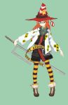  bad_id belt caution_tape chain character_request glasses handcuffs hat highres keep_out leggings orange_hair pantyhose sign simple_background striped striped_legwear sword weapon witch_hat yellow_legwear 