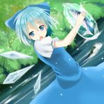  :o bad_id blue_dress blue_eyes blue_hair bow cirno dress dutch_angle fish frozen hair_bow holding kurasawa_moko large_bow open_mouth river short_hair solo touhou water wings yuki_(artist) 