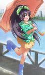  black_hair blue_eyes boots building earrings ganaha_hibiki highres idolmaster jewelry long_hair necklace ponytail rain solo umbrella usakahiro wet 