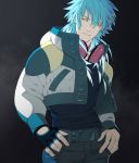  1boy belt black_background blue_hair dramatical_murder expressionless fingerless_gloves gloves gradient_hair hands_in_pockets headphones headphones_around_neck highres honya_lala hooded_jacket jacket jeans long_hair looking_at_viewer male multicolored_hair official_art seragaki_aoba standing studded_belt t-shirt yellow_eyes 