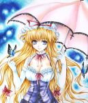  blue_eyes bow breasts butterfly cleavage corset elbow_gloves fragran0live gloves hair_bow hat long_hair smile touhou traditional_media umbrella watercolor_(medium) yakumo_yukari 