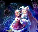  aerial_fireworks animal_ears blonde_hair brown_eyes brown_hair cat_ears cat_tail chen earrings fang fireworks fox_tail hands_in_sleeves hat highres jewelry multiple_tails nekorin open_mouth short_hair smile tail touhou yakumo_ran 