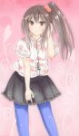  \m/ amatsuki_hotaru bad_id black_hair brown_eyes digital_media_player hair_bobbles hair_ornament highres k-on! listen!! long_hair mp3_player nakano_azusa pantyhose polka_dot side_ponytail solo |m| 