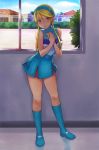  blue_eyes blush boots cheerleader hairband heroman lina_davis oboro_(squeeze) skirt 