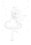  ;d bow cirno hair_bow highres kiriu monochrome open_mouth outstretched_arm smile sparkle standing_on_one_leg touhou wings wink 