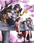  animal_ears black_hair black_wings detached_sleeves geta hat inubashiri_momiji multiple_girls no_socks red_eyes shameimaru_aya shoe_dangle short_hair silver_hair sitting tengu-geta tokin_hat torii touhou tree wings wolf_ears yossyzero 