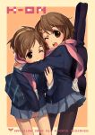  brown_eyes brown_hair highres hirasawa_ui hirasawa_yui hug k-on! pantyhose scarf school_uniform short_hair siblings sisters wayjilam 