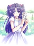  card clannad dress hair_bobbles hair_ornament highres holding holding_card ichinose_kotomi long_hair purple_eyes raito_(010415) twintails two_side_up violet_eyes 