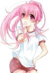  bad_id gym_uniform heart kairi_(mglg) long_hair pink_eyes pink_hair ponytail shorts simple_background yui_(angel_beats!) 