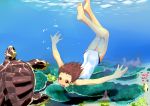  barefoot brown_eyes brown_hair bubble competition_swimsuit coral enokoro_kusa feet fish freediving highres one-piece_swimsuit open_mouth original short_hair smile solo swimming swimsuit turtle underwater upside-down 