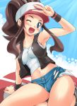  arm_support armpits blue_eyes blush breasts brown_hair cutoffs denim denim_shorts endou_masatoshi happy hat highres kneeling midriff navel no_panties open_mouth pokemon pokemon_(game) pokemon_black_and_white pokemon_bw ponytail short_shorts shorts smile tank_top thighs touko_(pokemon) v vest wink wristband 