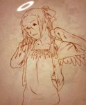 bow chemise glasses haibane_renmei halo hikari_(haibane_renmei) long_sleeves monochrome open_clothes open_shirt orange_(color) ponytail r_kampfgruppe shirt wings 