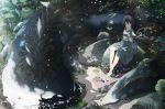  black_hair butterfly feet_in_water fish frog japanese_clothes kimono nature original pond short_hair sitting soaking_feet solo uki uki_atsuya water 