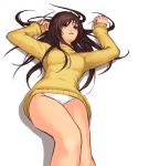  arms_up brown_hair legs long_hair lying on_back panties shadow simple_background solo sweater underwear white_panties 