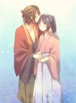  1girl blue_hair blush brown_hair couple hakuouki_shinsengumi_kitan hand_on_head japanese_clothes kina_(milele) okita_souji_(hakuouki) short_hair yukimura_chizuru 