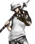  bad_id earrings hat highres jewelry male one_piece simple_background smile solo sugino sword tattoo trafalgar_law weapon 