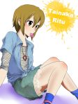  alternate_hairstyle bad_id brown_eyes brown_hair candy casual hair_down highres jewelry k-on! lollipop mouth_hold necklace sitting skirt solo tainaka_ritsu takeuchi_aya tied_shirt 