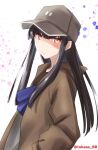  1girl baseball_cap black_hair black_shirt blunt_bangs brown_eyes brown_jacket grey_headwear hat hatsuyuki_(kancolle) hime_cut jacket kantai_collection long_hair official_alternate_costume one-hour_drawing_challenge shirt solo tsukasa_(tukasa_br) twitter_username 