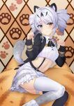  1girl absurdres animal_ears animal_hands asymmetrical_legwear black_sleeves black_thighhighs blue_eyes cat_paws closed_mouth drill_hair grey_hair grey_skirt grey_thighhighs heterochromia highres karenina:_ember_(deed_of_snow_leopard)_(punishing:_gray_raven) karenina:_ember_(punishing:_gray_raven) karenina_(punishing:_gray_raven) leopard_ears leopard_tail long_hair long_sleeves maid midriff mismatched_legwear navel ningmengege orange_eyes paw_pose punishing:_gray_raven shirt sidelocks skirt solo suspender_skirt suspenders tail thigh-highs thigh_strap twin_drills white_shirt 