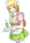  1girl absurdres alternate_costume apron blonde_hair blunt_bangs breasts cowboy_shot cup drink enmaided frills green_eyes green_skirt heanna_sumire highres holding holding_tray light_blush long_hair looking_at_viewer love_live! love_live!_superstar!! maid maid_apron maid_headdress medium_breasts open_mouth puffy_short_sleeves puffy_sleeves short_sleeves signature simple_background skirt solo surv1v3-13005993 sweatdrop thigh-highs tray white_background white_thighhighs 