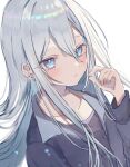  1girl black_shirt blue_eyes blue_jacket blush grey_hair highres jacket long_hair open_clothes open_jacket project_sekai shirt solo yoisaki_kanade yomogi_mogu 