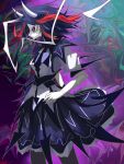  1girl absurdres black_hair black_skirt closed_mouth commentary from_side highres horns kijin_seija looking_at_viewer multicolored_background multicolored_hair redhead ringed_eyes short_sleeves skirt solo streaked_hair touhou white_hair ycabcadc 